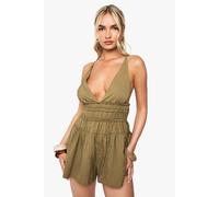 boohoo Women's Textured Strappy Ruched Playsuit in Olive | Size: 14