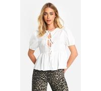 boohoo Women's Textured Tie Front Puff Sleeve Smock Top in Ivory | Size: 10