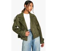 boohoo Women's Textured Wool Look Double Breast Jacket in Khaki | Size: 8