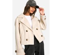 boohoo Women's Textured Wool Look Double Breast Jacket in Stone | Size: 16