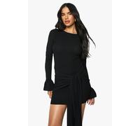 boohoo Women's Textured Wrap Detail Flared Sleeve Mini Dress in Black | Size: 14