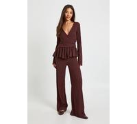 boohoo Women's Textured Wrap Detail Long Sleeve Top & Trouser Set in Chocolate | Size: 16
