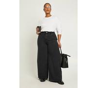 boohoo Women's The Plus Mid Waist Wide Leg Jean in Washed Black | Size: 16/32L