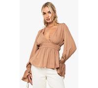boohoo Women's Tie Cuff Peplum Blouse in Mocha | Size: 6
