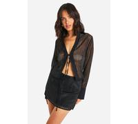 boohoo Women's Tie Front Sheer Striped Blouse in Black | Size: 6