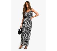 boohoo Women's Tie Strap Zebra Frill Mesh Maxi Dress in Black | Size: 10