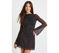 boohoo Women's Tonal Mixed Animal Mesh Flared Sleeve Maxi Dress in Espresso | Size: 10