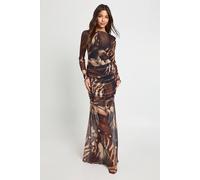 boohoo Women's Tonal Print Ruched Mesh Maxi Dress in Black | Size: 8