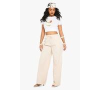 boohoo Women's Tonal Stripe Linen Look Relaxed Fit Wide Leg Trousers in Natural Beige | Size: 8