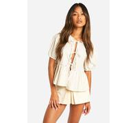 boohoo Women's Tonal Wide Stripe Tie Front Puff Sleeve Smock Top in Stone | Size: 6