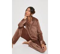 boohoo Women's Velour Fleece Ribbed Long Sleeve Shirt & Trousers Lounge Set in Brown | Size: 16