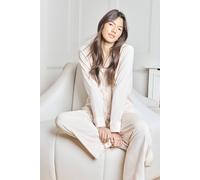 boohoo Women's Velour Fleece Ribbed Long Sleeve Shirt & Trousers Lounge Set in Cream | Size: 16