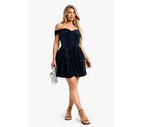 boohoo Women's Velvet Bardot Structured Skater Dress in Navy | Size: 8