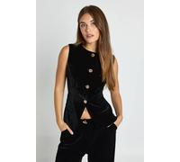 boohoo Women's Velvet Gold Trim Tailored Waistcoat in Black | Size: 16