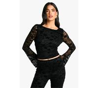 boohoo Women's Velvet Lace Scoop Cowl Back Long Sleeve Top in Black | Size: 10