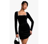 boohoo Women's Velvet Pearl Trim Square Neck Structured Mini Dress in Black | Size: 12