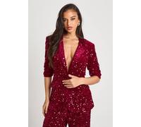 boohoo Women's Velvet Sequin Plunge Front Blazer in Burgundy | Size: 10