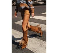 boohoo Women's Vintage Look Western Style Tassel Detail Cowboy Boots in Taupe | Size: 3