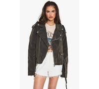 boohoo Women's Vintage Suede Look Oversized Biker Jacket in Washed Khaki | Size: 12