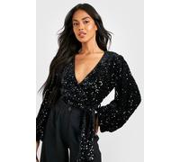 boohoo Women's Volume Sleeve Velvet Sequin Bodysuit in Black | Size: 6