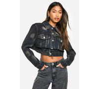 boohoo Women's Waist Detail Distressed Denim Jacket in Washed Black | Size: 14