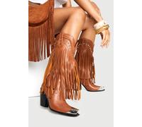 boohoo Women's Western Stud Fringe Toe Cap Western Boots in Tan | Size: 6