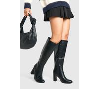 Boohoo Wide Fit Block Heel Knee High Pull On Boots In Black black 7
