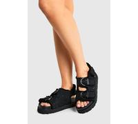 boohoo Women's Wide Fit Boucle Dad Sandals in Black | Size: 5