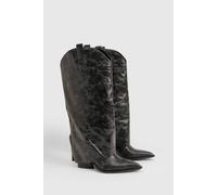 boohoo Women's Wide Fit Clean Distressed Western Heeled Cowboy Boot in Black | Size: 3