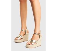 boohoo Women's Wide Fit Metallic Crossover High Wedges in Gold | Size: 8