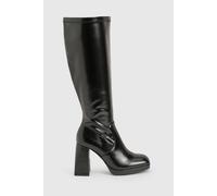 boohoo Women's Wide Fit Platform Block Heel Knee High Boots in Black | Size: 3