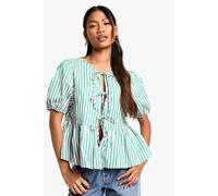boohoo Women's Wide Pink & Green Stripe Tie Front Puff Sleeve Smock Top | Size: 12