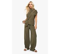 boohoo Women's Woven Drape Blouse & Trouser Co-Ord in Olive | Size: 6