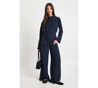 boohoo Women's Woven Drape Long Sleeve Blouse & Trouser Co-Ord in Navy | Size: 12