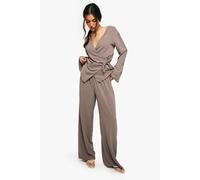 boohoo Women's Woven Elastic Waist Wide Leg Trousers in Mocha | Size: 6
