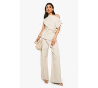 boohoo Women's Woven Elasticated Waist Straight Leg Trouser in Stone | Size: 12
