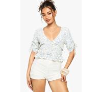 boohoo Women's Woven Floral Print Frill Top in Cream | Size: Large
