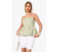 boohoo Women's Woven Gingham Bandeau Puffball Smock Top in Green | Size: 10
