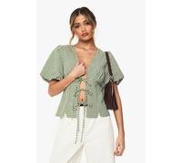 boohoo Women's Woven Gingham Tie Front Puff Sleeve Top in Green | Size: 6