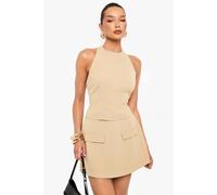 boohoo Women's Woven Halterneck High Neck Top in Sand | Size: 12