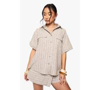 boohoo Women's Woven Linen Look Striped Short Sleeve Shirt in Mocha | Size: 8
