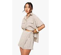 boohoo Women's Woven Linen Look Striped Skort in Mocha | Size: 6