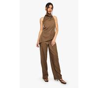 boohoo Women's Woven Marl Straight Leg Trousers in Chocolate | Size: 14