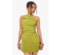boohoo Women's Woven One Shoulder Ruched Top in Olive | Size: 6