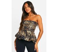 boohoo Women's Woven Puff Ball Leopard Peplum Top | Size: 8