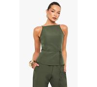 boohoo Women's Woven Strappy High Neck Tie Waist Top in Khaki | Size: 14