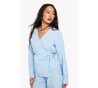 boohoo Women's Woven Striped Wrap Tie Detail Top in Blue | Size: 12