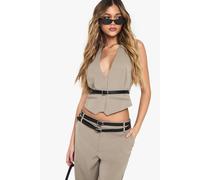 boohoo Women's Woven Tailored Halterneck Belted Waistcoat in Stone | Size: 16