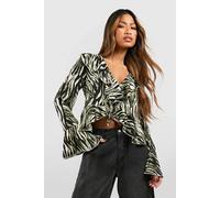 boohoo Women's Zebra Printed Ruffle Blouse in Green | Size: 8