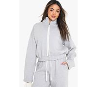 boohoo Women's Zip Through Contrast Drawcord Jacket in Grey Marl | Size: Large